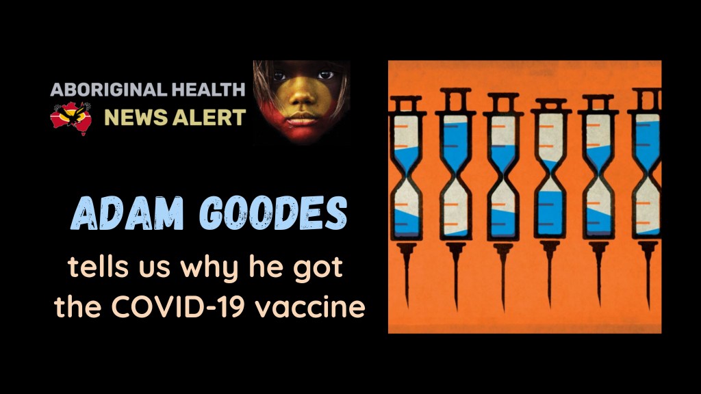 feature tile text 'Adam Goodes tells us why he got the COVID-19 vaccine' drawing of syringes