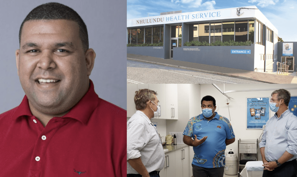 collage 3 images clockwise: Nhulundu Health Service CEO Matthew Cooke; street view of Nhulundu HS; Matthew Cooke speaking to 2 staff in Nhulundu clinic